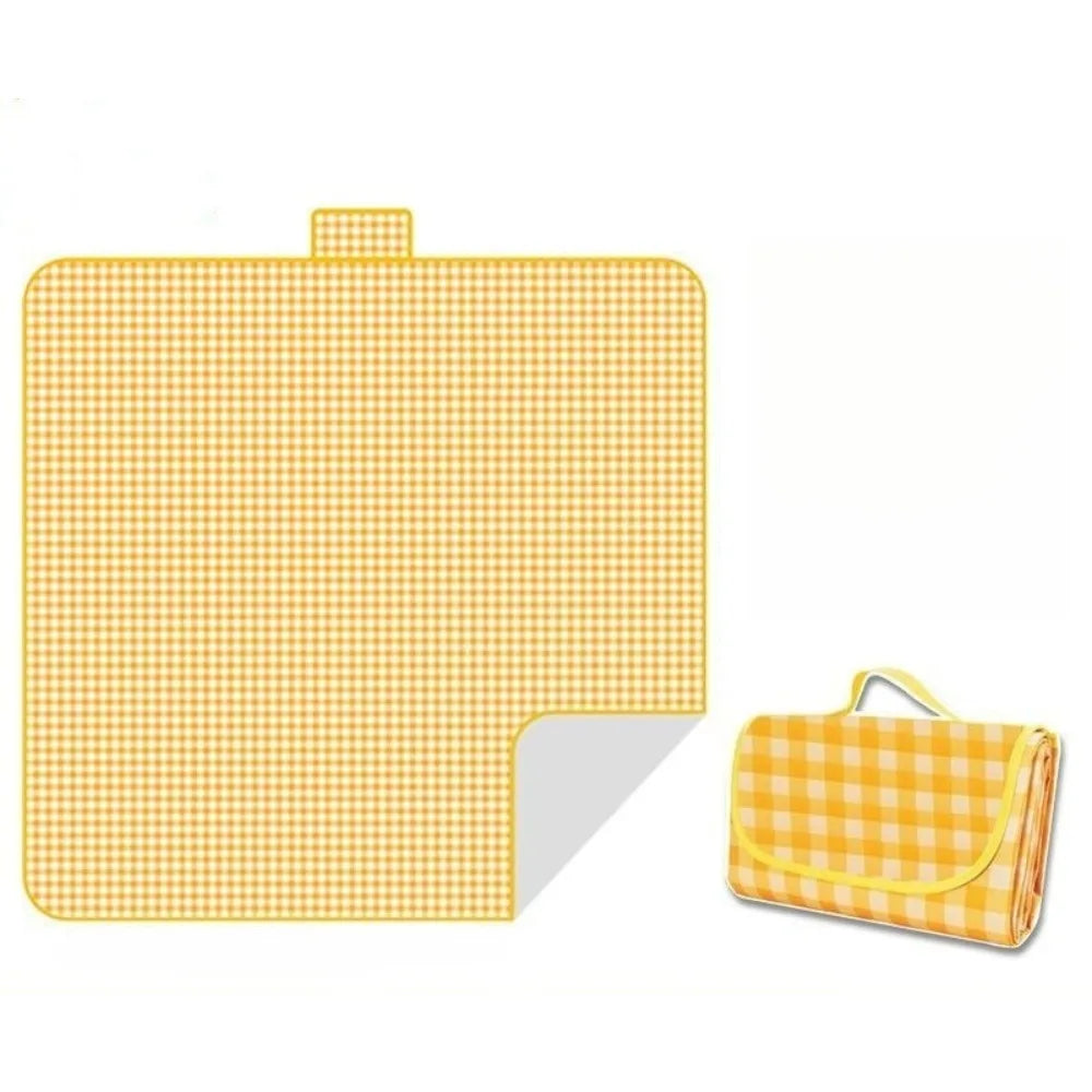 tapis pique nique carreaux vert blanc jaune moderne imperméable anti humidité poignée rangement camping