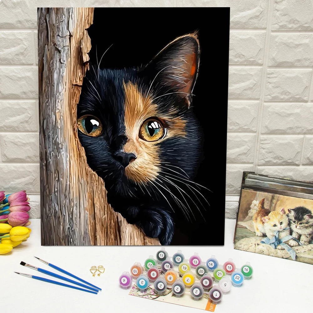 peinture nombres chat noir toile texturée kit débutant pinceaux peintures crochets vis decoration mur