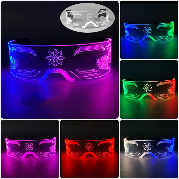 lunettes lumineuses led futuristes transparentes paillettes circuit imprimé élastique fête rave club nuit