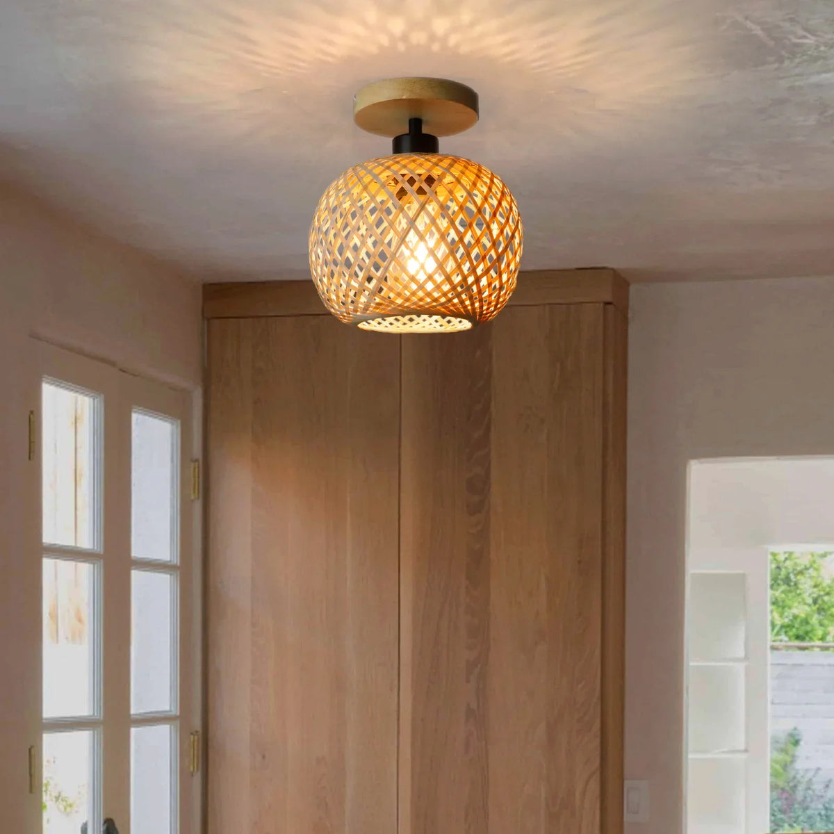 lampe suspendue moderne tissage bambou naturel noir éclairage cuisine chambre coucher entrée étude