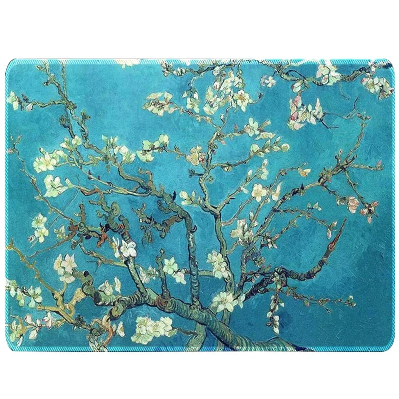 tapis souris grand motif fleurs blanches peinture artistique antidérapant bleu clair