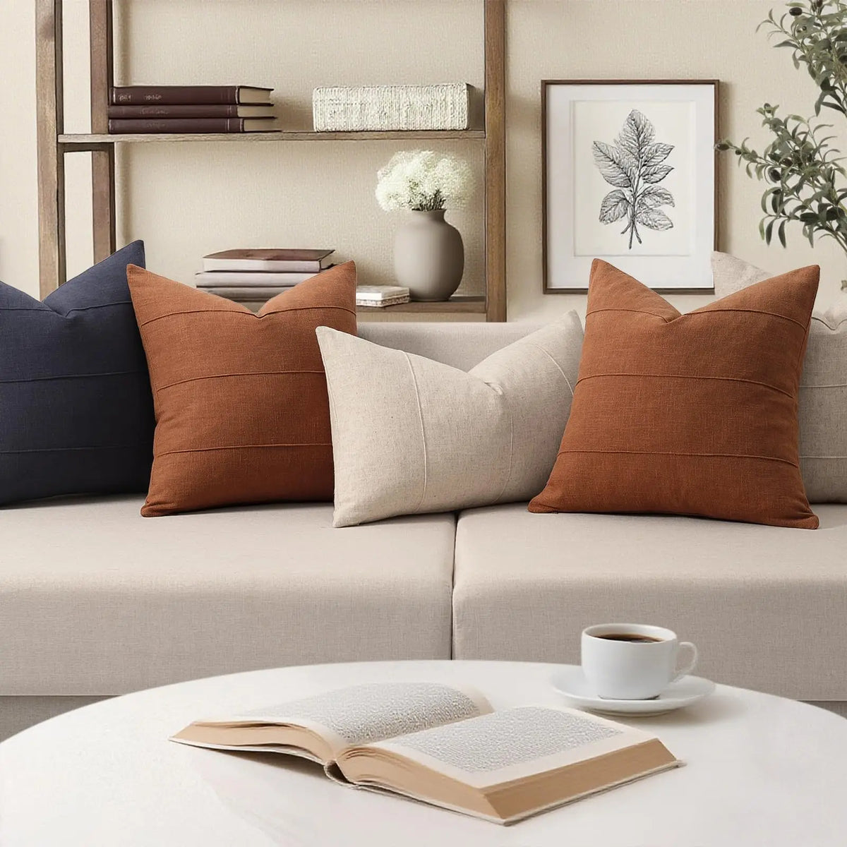 coussins décoratifs tissu texturé brun rouille beige bleu marine vert olive moderne minimaliste