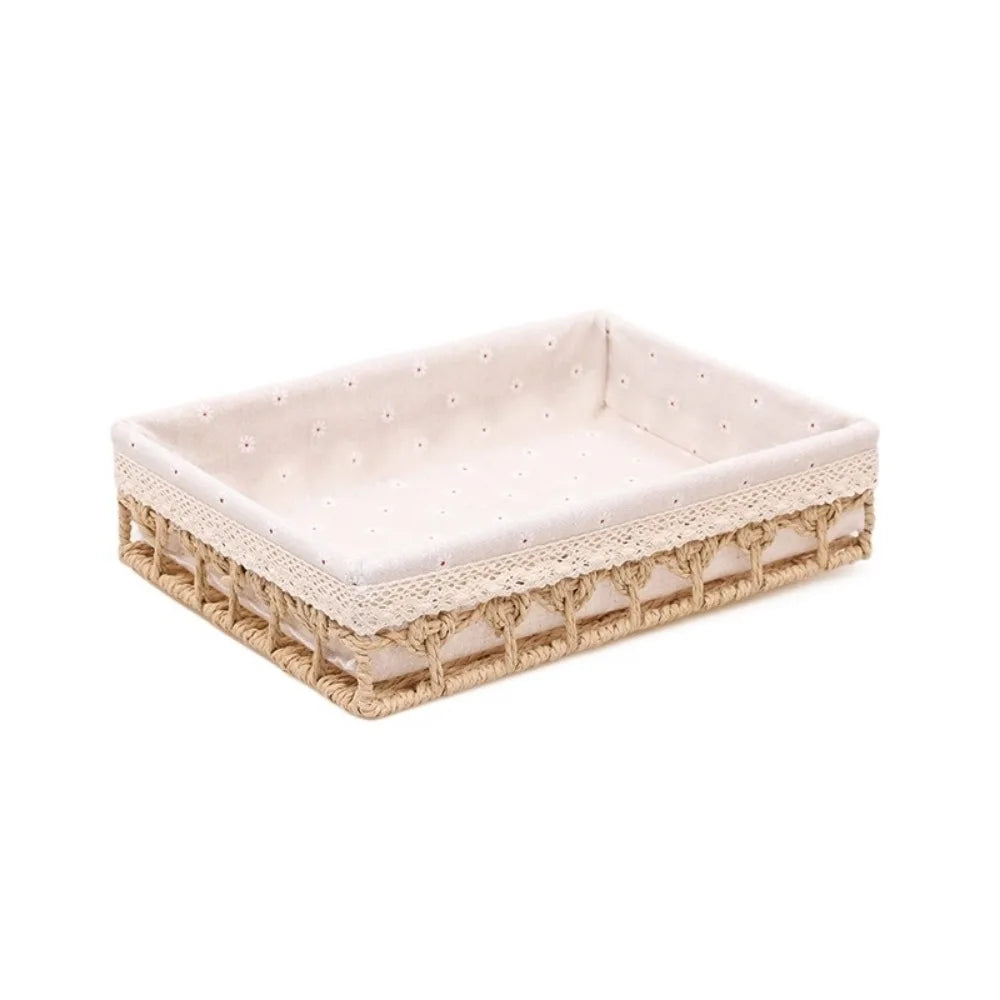 paniers rangement rustique tissu motif géométrique beige gris marron opacité crocheté multifonctionnels