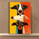 tableau moderne trois chiens stylisés animal compagnie abstrait jaune orange noir