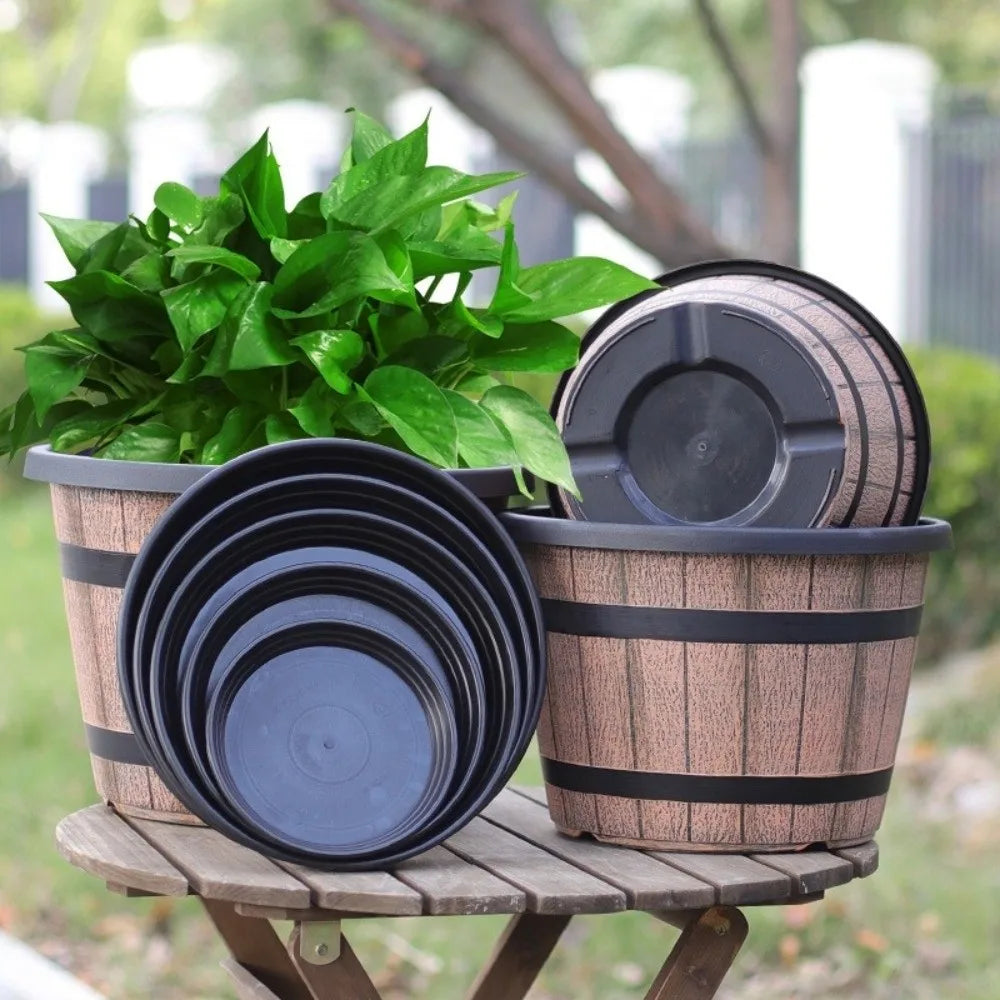 pots fleurs rustiques bois brun noir soucoupe adhésif taille