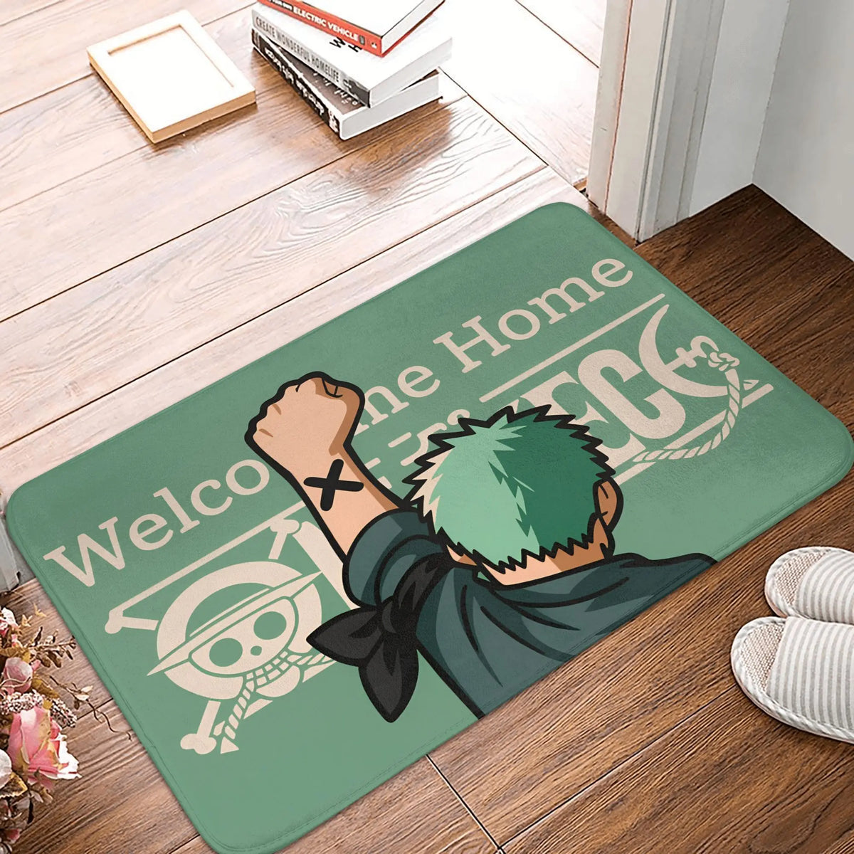 tapis sol antidérapant one piece zoro épées croisées moderne vert noir blanc