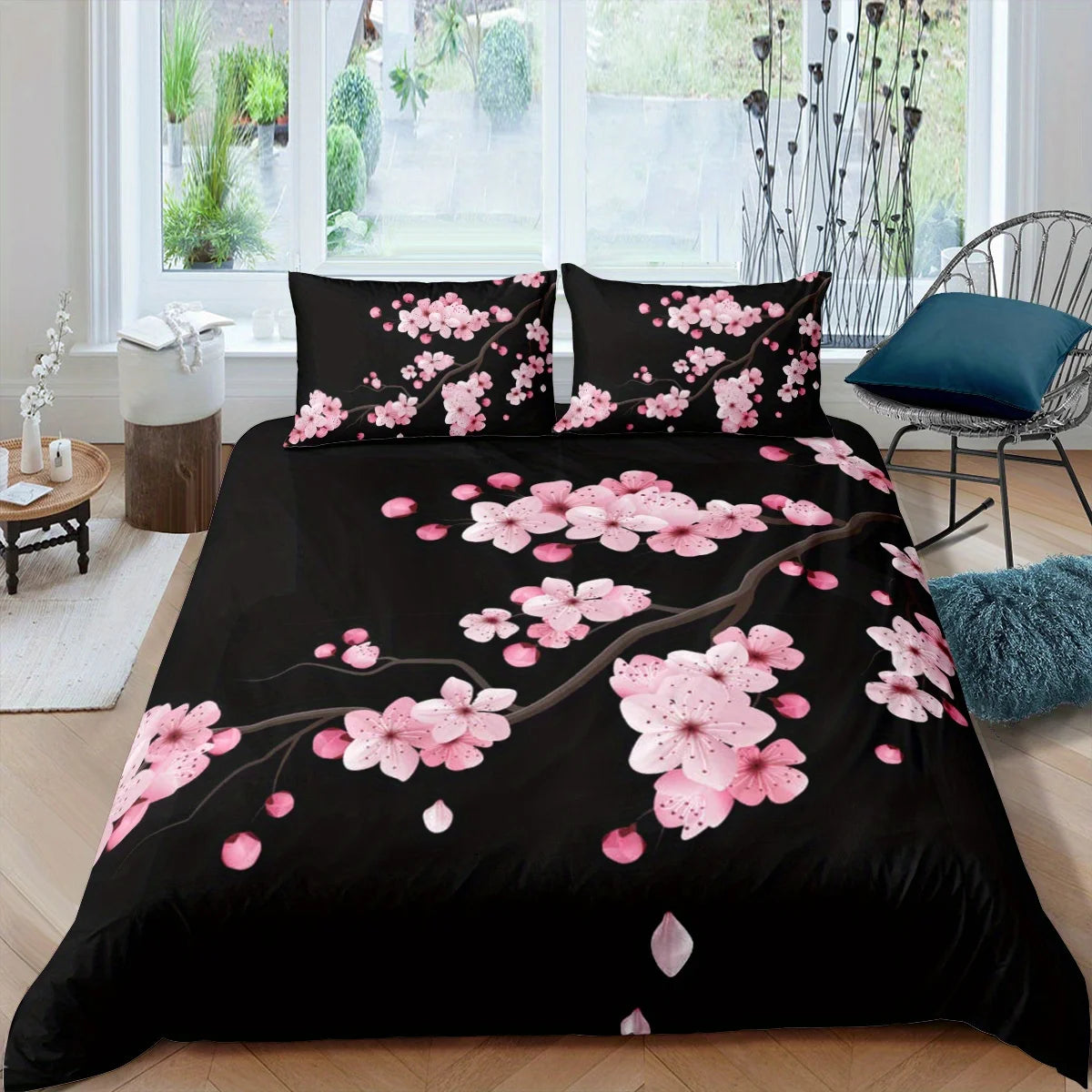ensemble literie moderne housse couette noir rose clair taies d'oreiller fleurs cerisier satinées queen