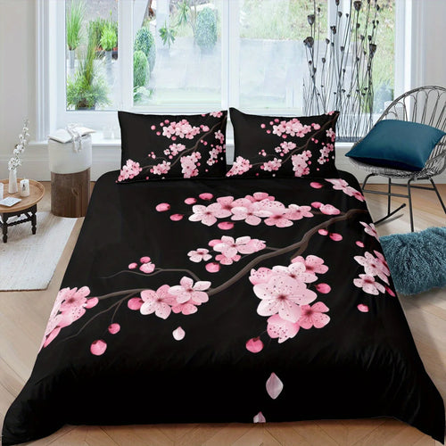 ensemble literie moderne housse couette noir rose clair taies d'oreiller fleurs cerisier satinées queen