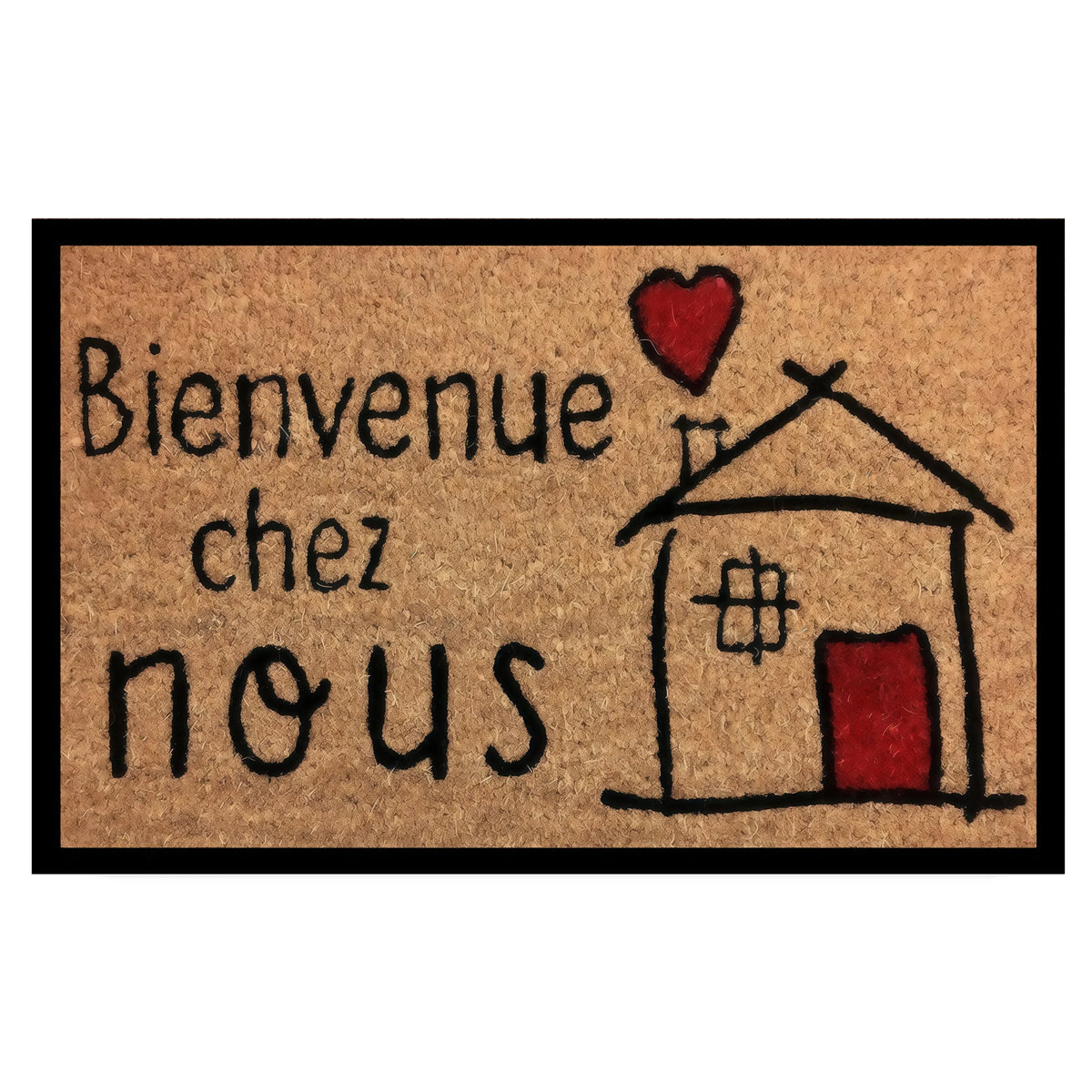 tapis d'entrée antiderapant caoutchouc marron clair noir rouge bienvenue maison cœur résistant corrosion