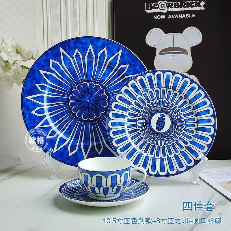 assiettes bleu motif floral tasse blanc classique opacité