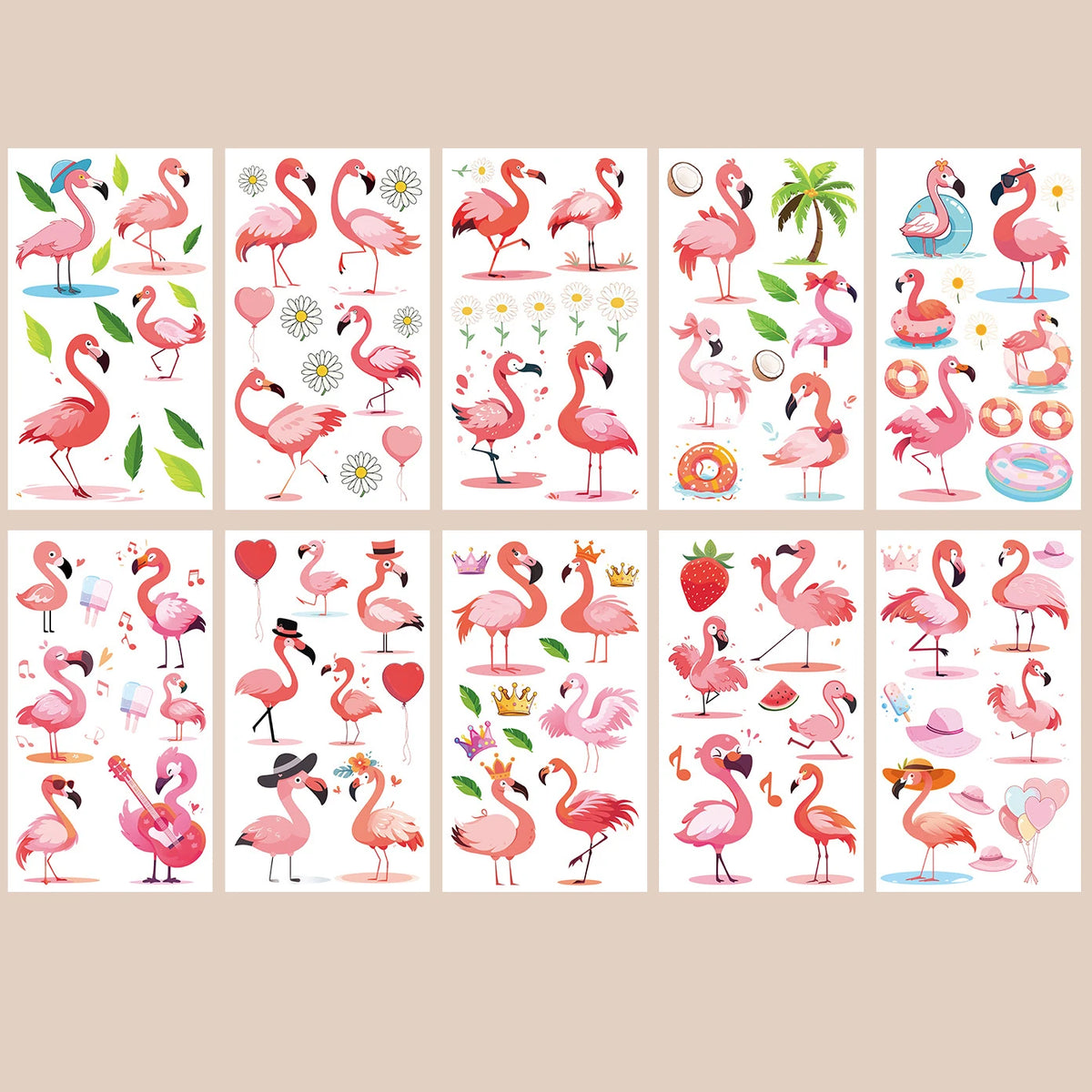 autocollants temporaires flamants roses chapeaux fleurs anniversaire mariage fêtes enfants avril transparents illustration