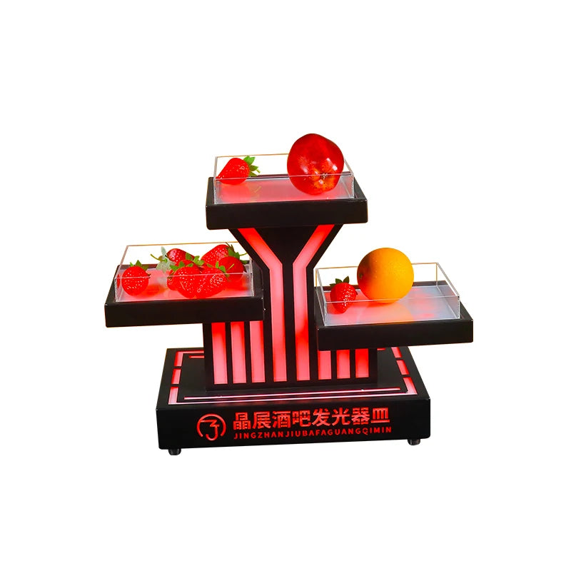 support fruits moderne plateau lumineux noir rouge rayures transparents leds rechargeables