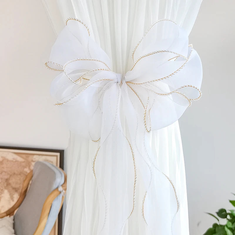 rideau fenêtre transparent rubans décoratifs nœuds dorées élégants maison vintageclair rose blanc