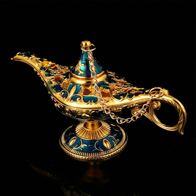 lampe huile or ornements floraux chaîne artisanat sud est asiatique poignée bleue verte