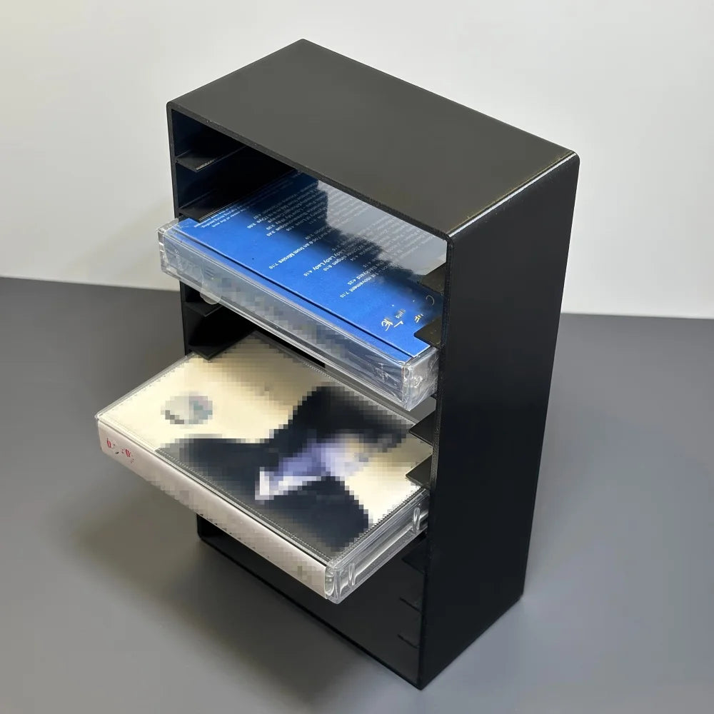 rangement cassettes audio moderne noir haute capacité stockage salon transparent Inserts
