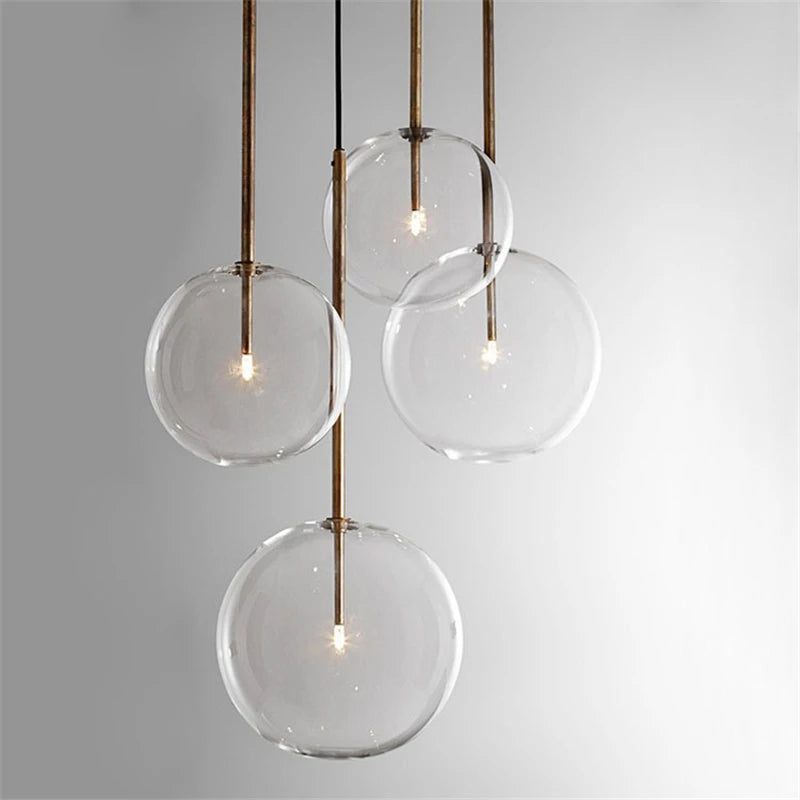suspension lumineuse transparente moderne sphères verre chromé chambre salon pendentif led interrupteur bouton