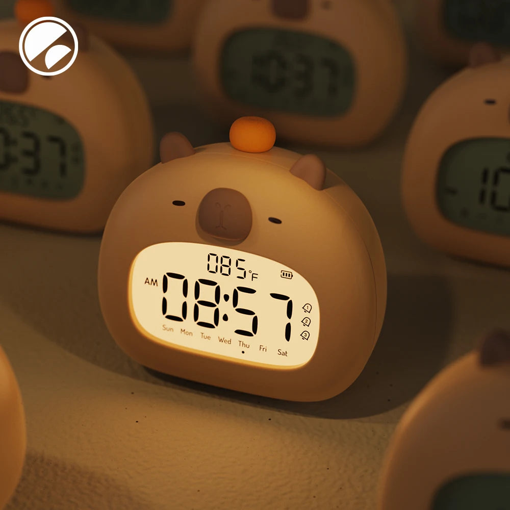 horloge table moderne motif capybara affichage numérique réglage luminosité réveil mignon orangé chambre coucher