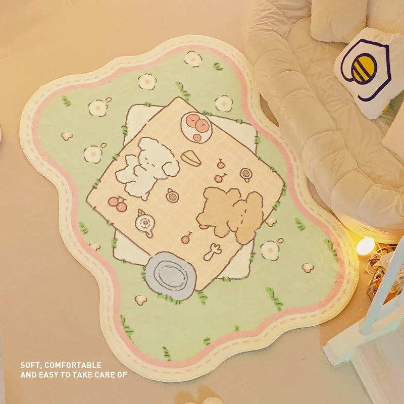 tapis dessin animé ours fruits fleurs vert clair rose pâle beige antidérapant confortable intérieur