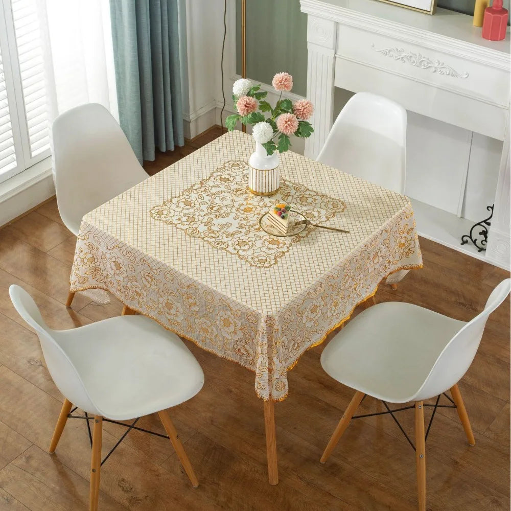 nappe table blanche dorée floral élégante réutilisable coton polyester 134cm 134cm farmhouse modernescriçãoption