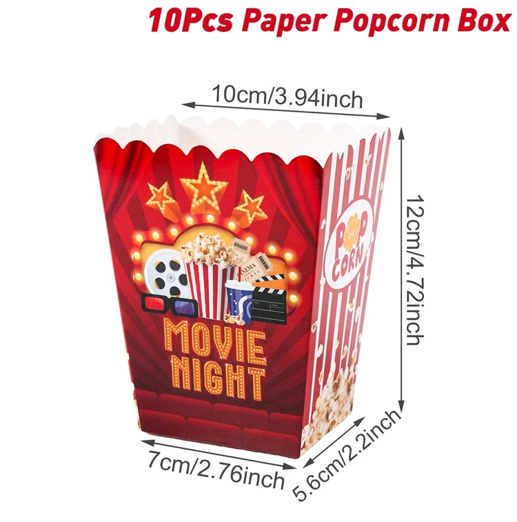 décoration anniversaire thème cinéma assiettes jetables serviettes gobelets nappe guirlande popcorn rouge noir doré