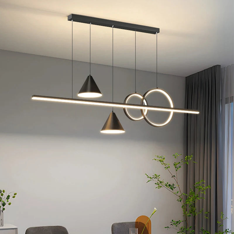 lustre led moderne suspension noir doré blanc minimaliste abatjour conique annulaire