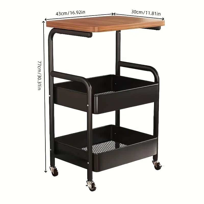 chariot roulant multi niveaux acier inoxydable plateau bois moderne stockage organisation cuisine salle bain