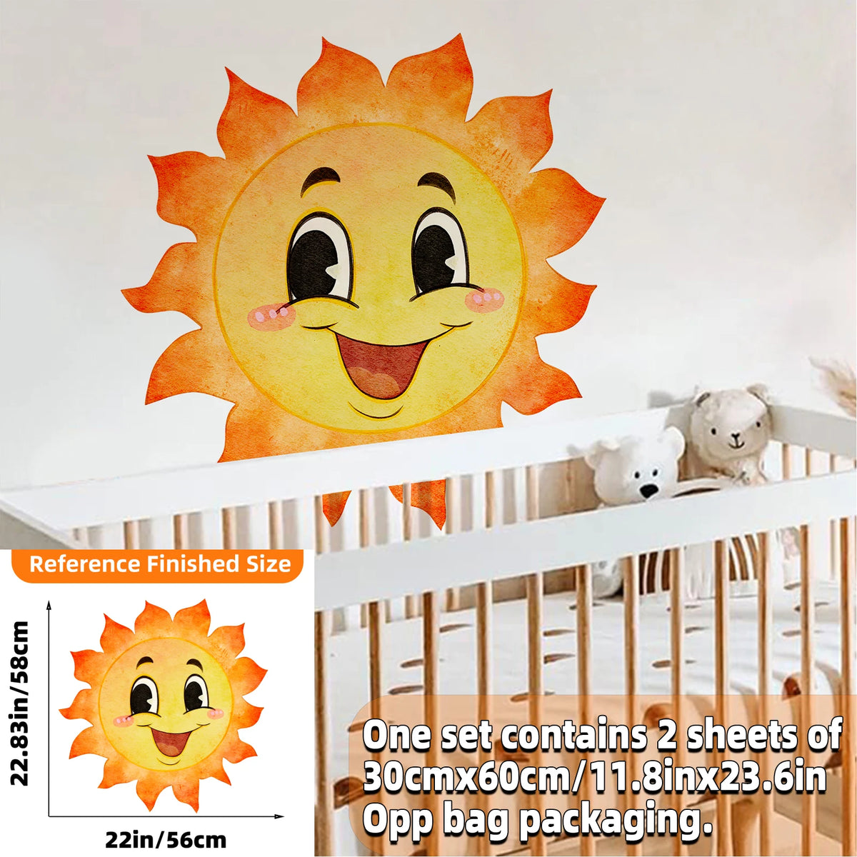 stickers muraux dessin animé soleil souriant arc ciel enfant chambre salon decoration murale jaune