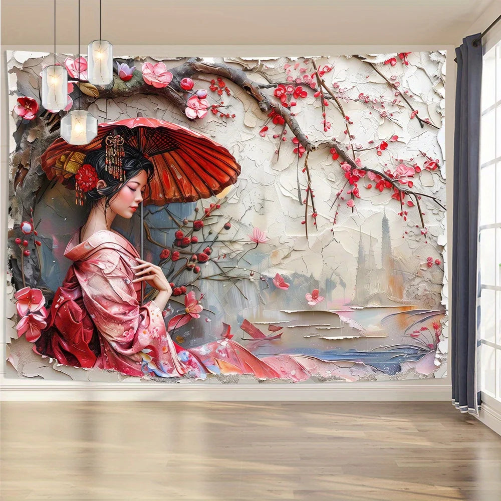 Toile d'art fleurs cerisier femme kimono paysage rouge rose beige gris bleu vert 150X200cm