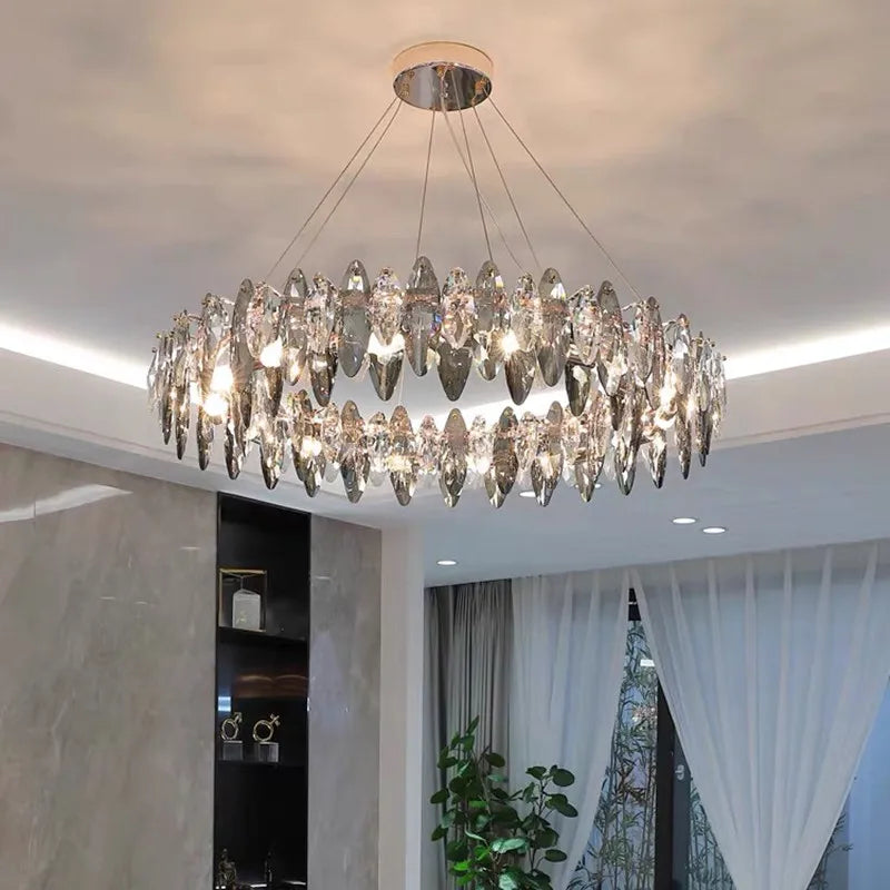 Suspension lumineuse moderne cristal transparent doré facettes géométriques ampoules LED 10 15m²