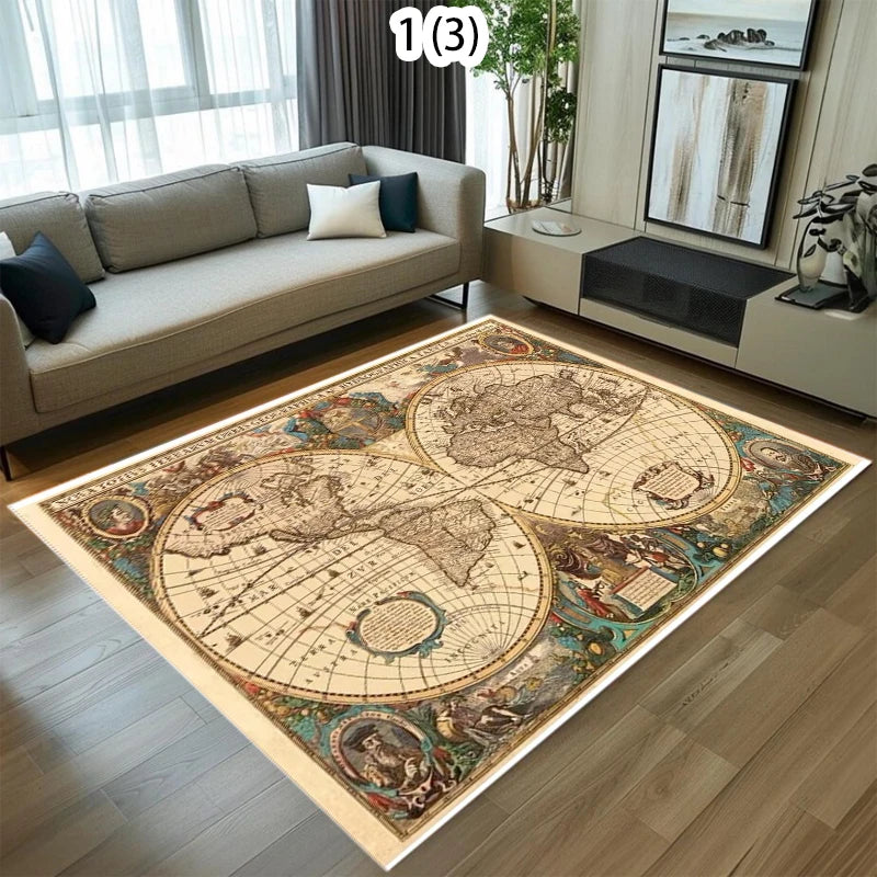tapis sol vintage carte monde décoratif chambre enfant voyage rétro multicolore rectangulaire