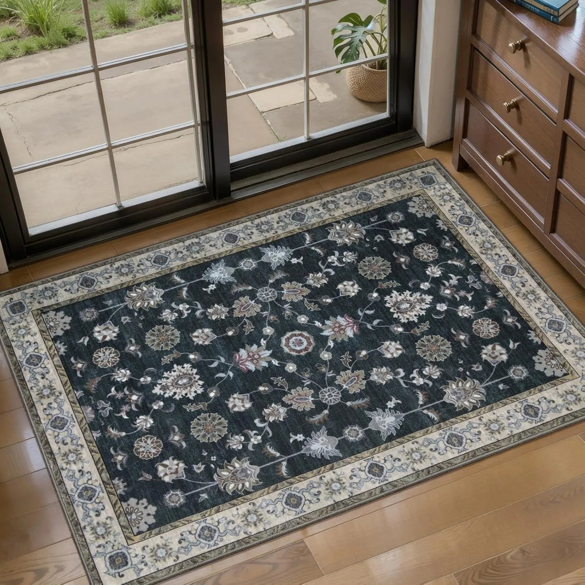 tapis persan floral géométrique moderne gris beige résistant extérieur entrée salon