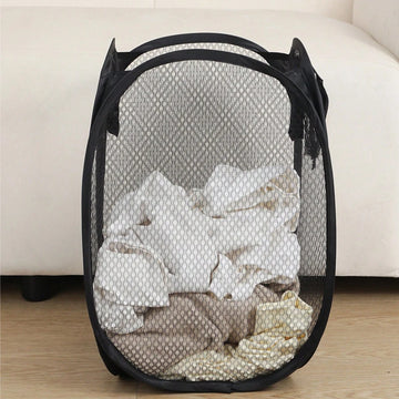 panier linge noir maille fine moderne pliable organisation salle bain conteneur vêtements élégant pratique