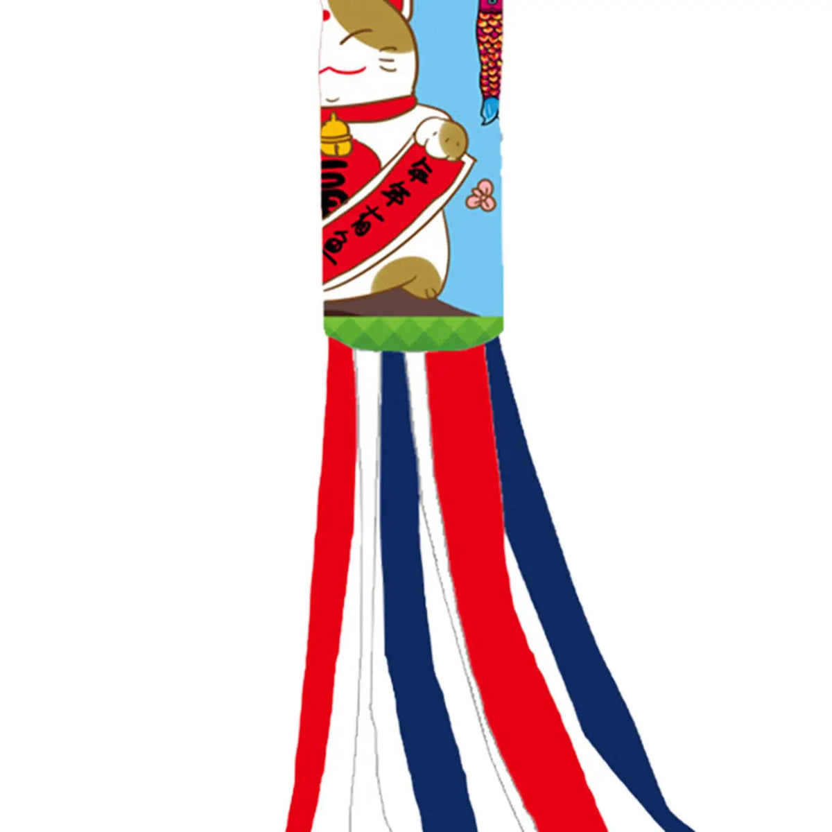 Éventail vent koinobori japonais motifs maneki neko rubans colorés bleu marine rouge blanc