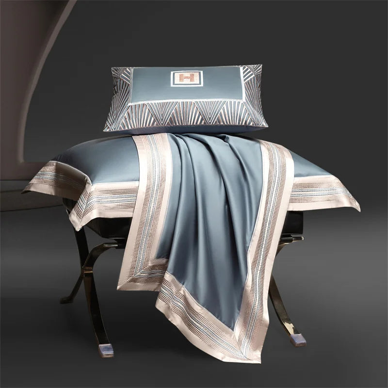 ensemble literie bleu clair broderies moderne 100 coton ultra doux king queen size