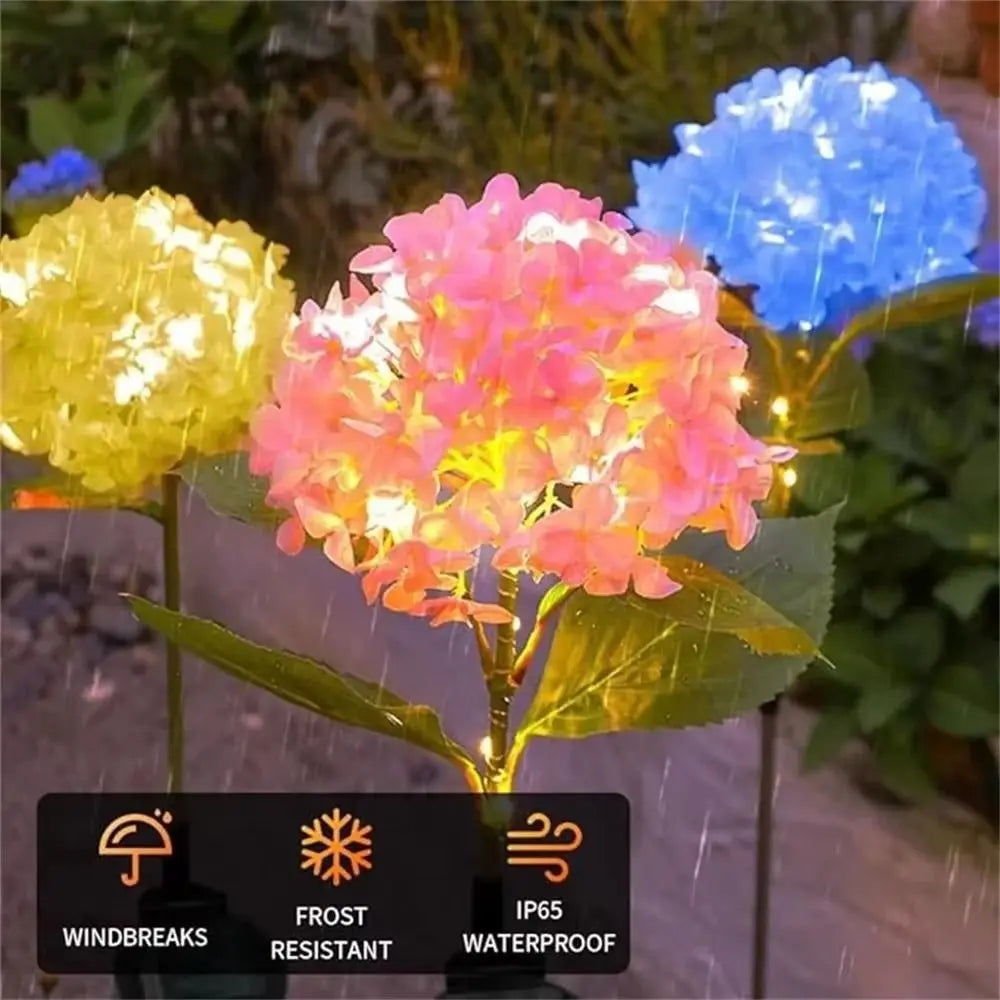 fleurs artificielles lumineuses hortensia bleu rose violet feuilles vertes moderne décoration extérieure panneau solaire