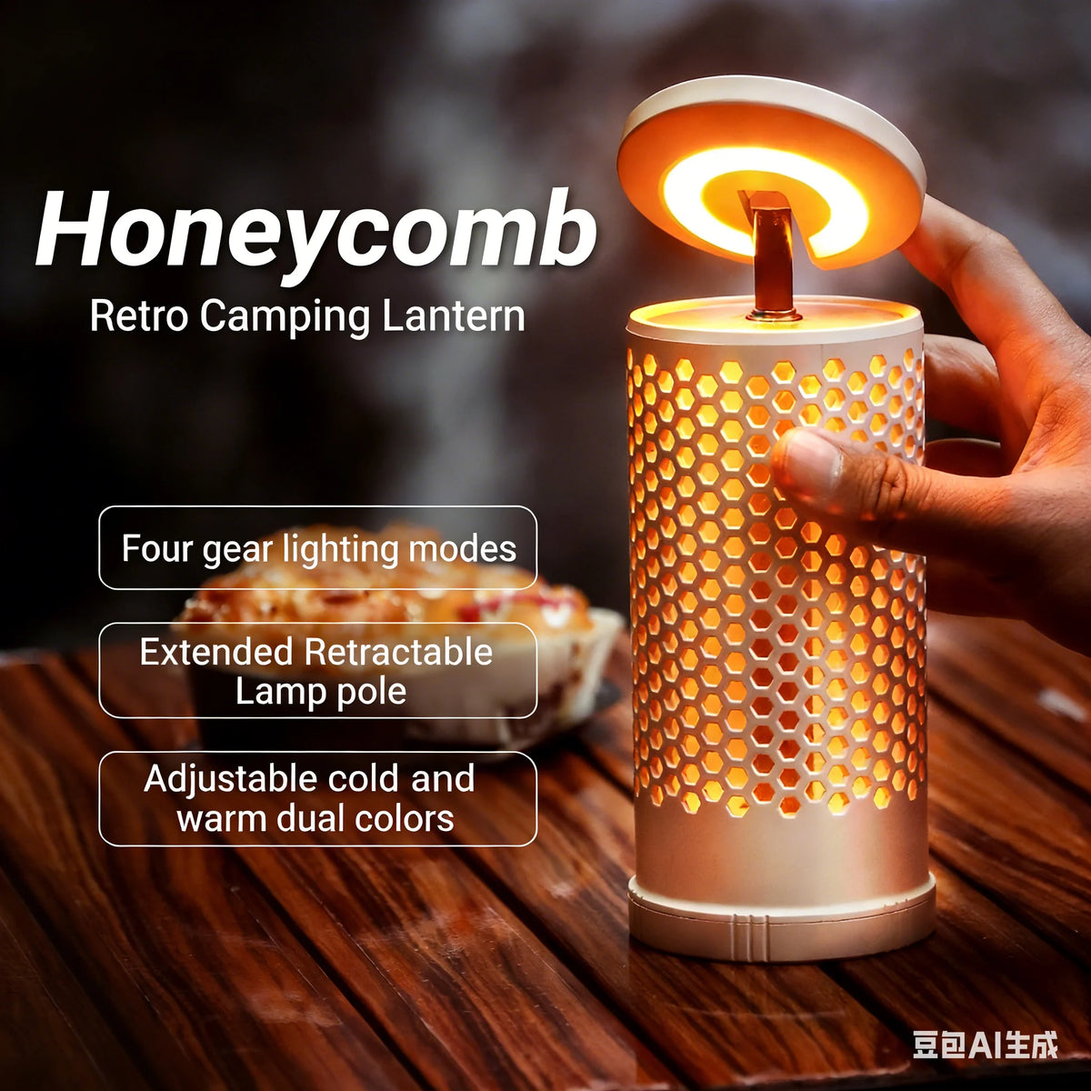 lampe camping rechargeable pliable retractable tête rotative retro perforations beige clairextérieur ambiance