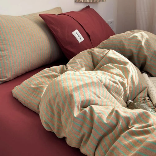 housse couette rayée coton lavé moderne beige rouge violet jaune bleu vert enfant adulte