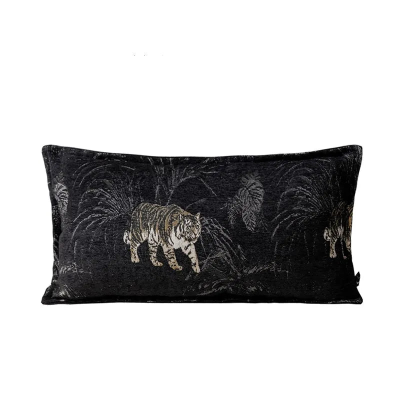 housse coussin rectangle chenille léopard brodé 30x60cm noir moderne décoration sofa lit bar