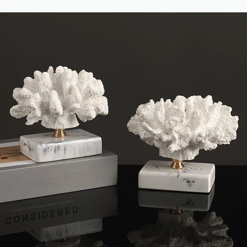 décoration corail artificiel blanc moderne minimaliste base marbre pied doré sculptureOpaque