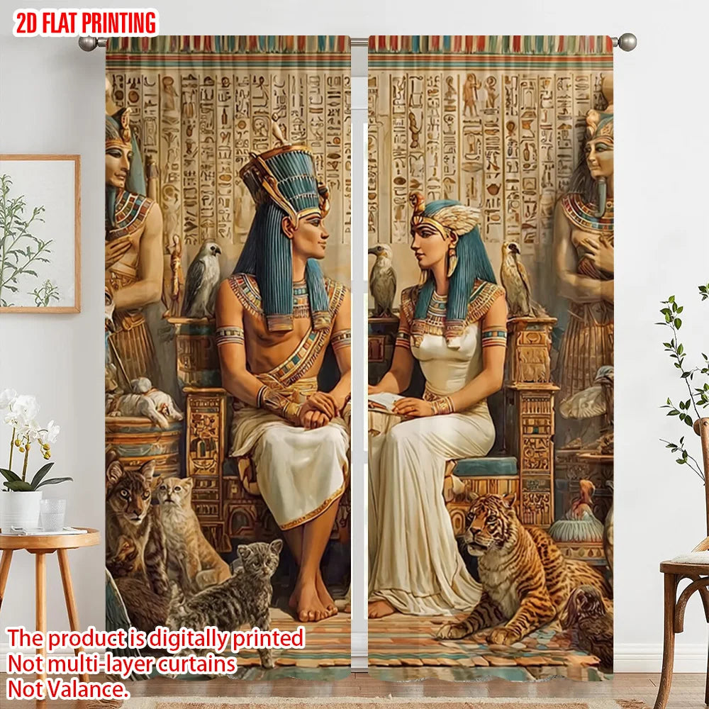 rideaux impression égyptienne antique couple royal hiéroglyphes métalliques polyester beige bleu rouge marron doré