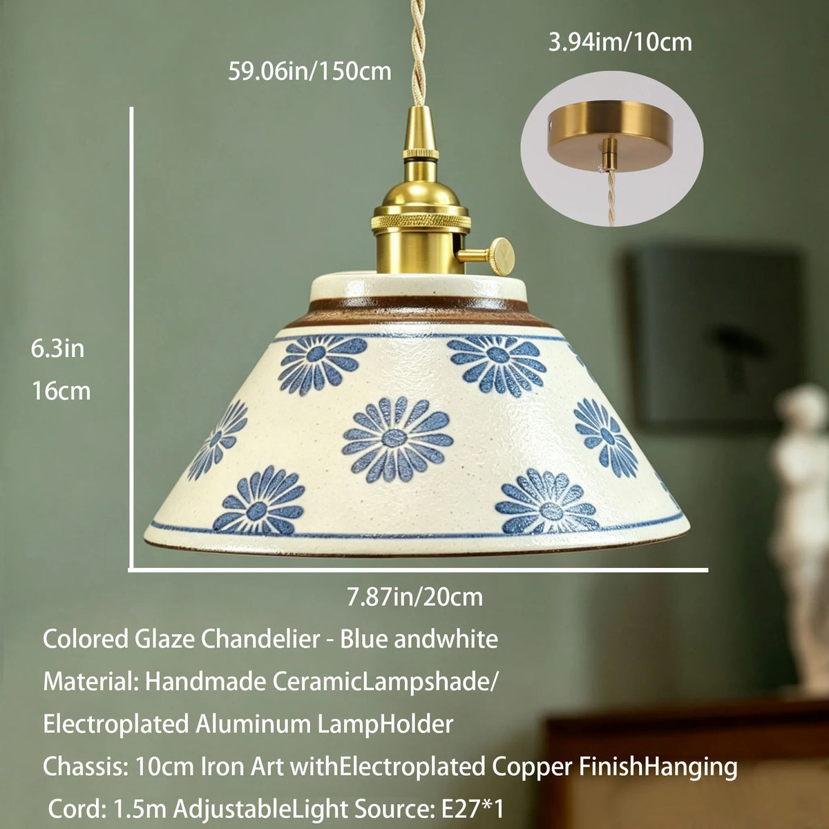 lampe suspendue vintage blanc bleu fleurs rayures cordon ajustable ampoule E27 chambre salon restaurant