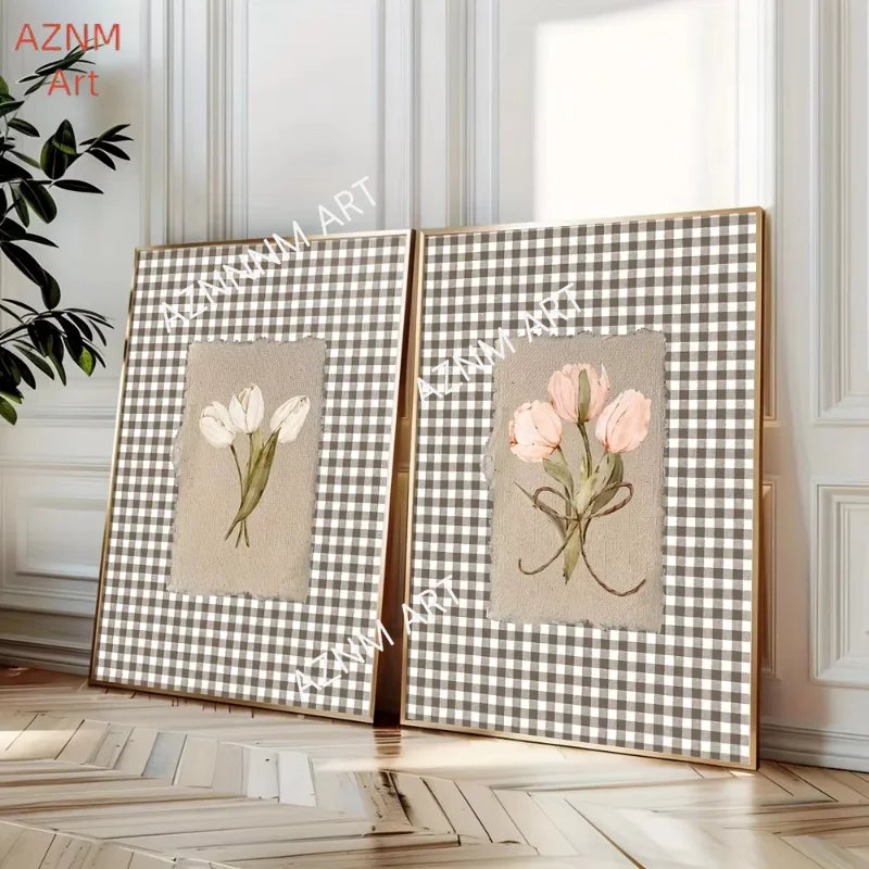 cadre mural rustique vintage toile carreaux beige gris simple décoration mur fleurs classique