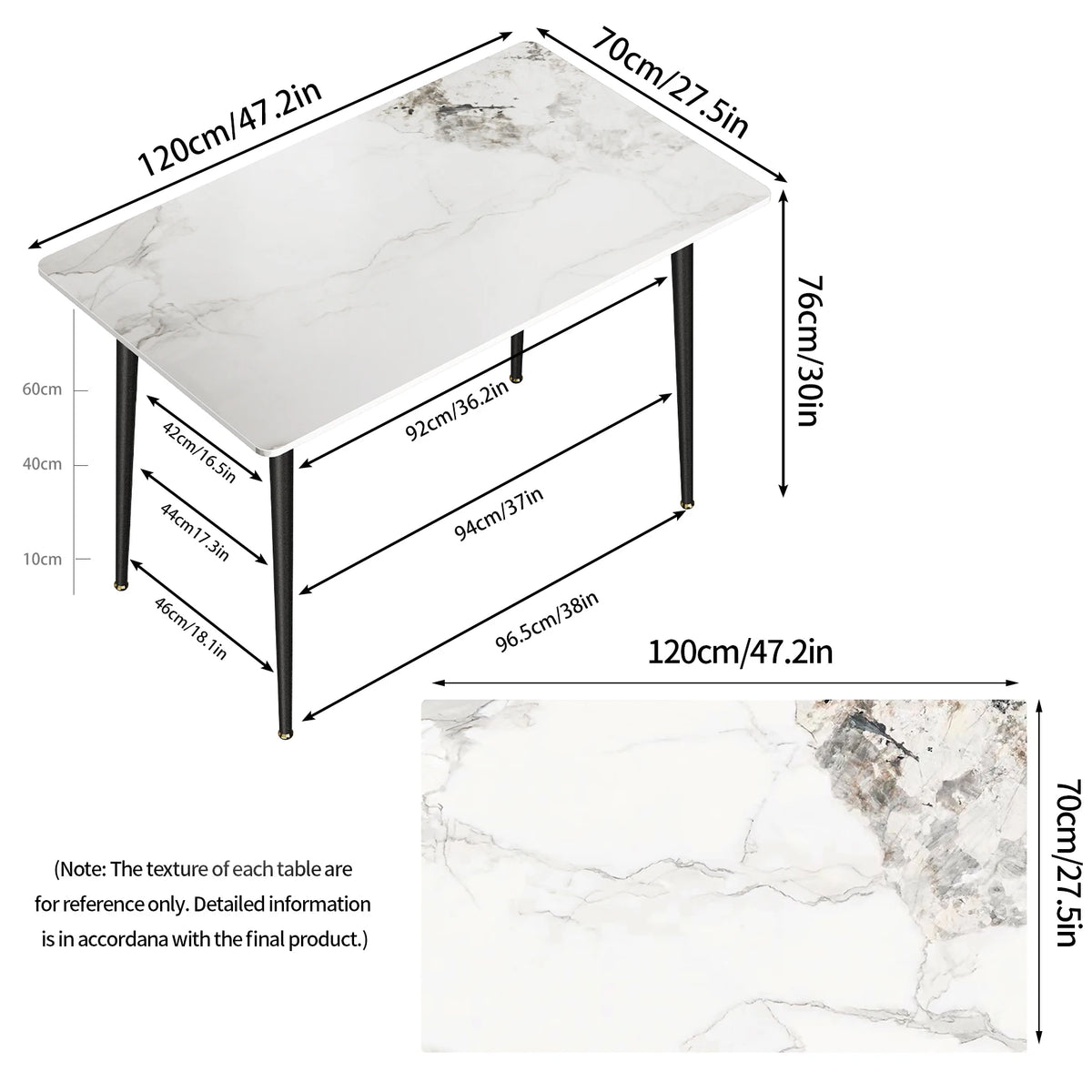 table manger marbre moderne rectangle gris noir beige pieds métal minimaliste 120cm 70cm