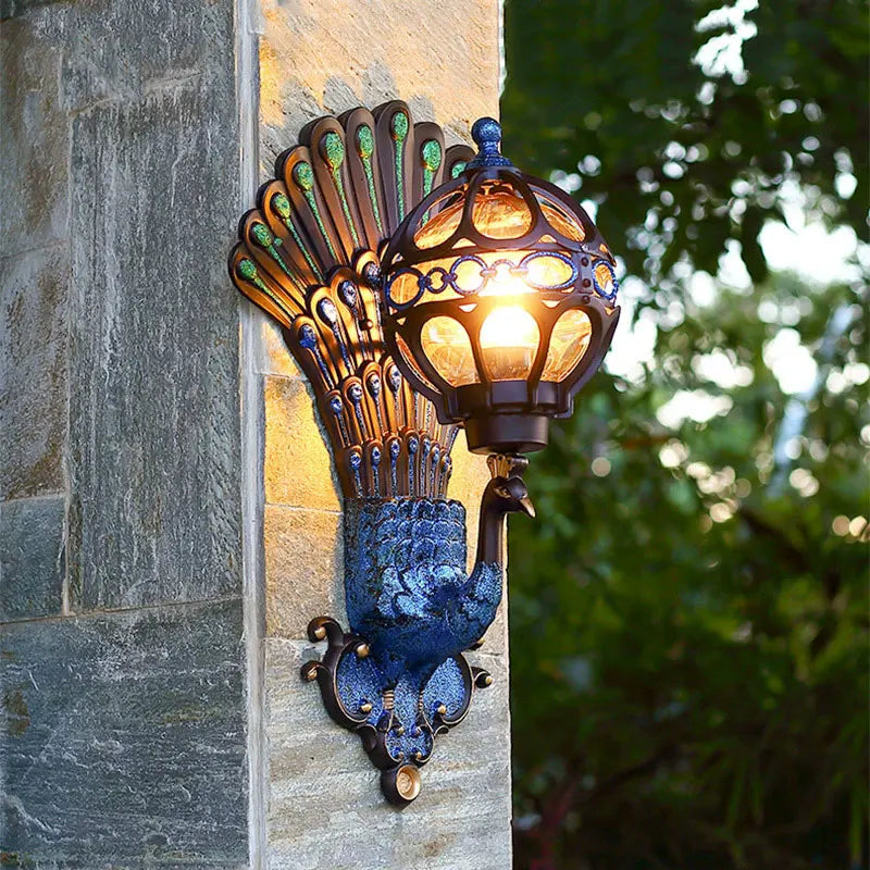 applique murale art nouveau oiseau stylisé bleu doré plumes éclairage maison ip65