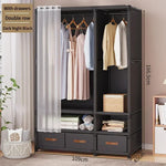 armoire vêtements moderne blanche rangées tiroirs compartiments rideau paires vêtements suspendus panier ours tasse