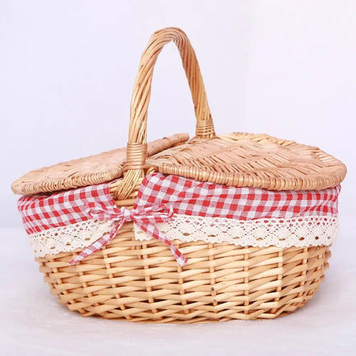 panier pique nique osier tressé main poignée tissu carreaux rouge blanc traditionnel rustique respectueux
