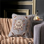 coussin carré floral brodé vintage chenille marron bleu marine élégant zippéversible