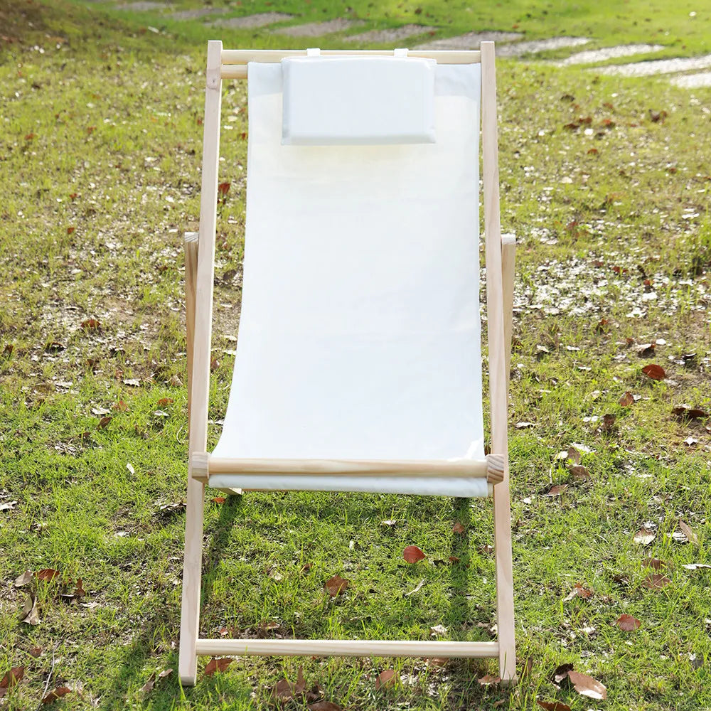 chaise longue pliable bois massif toile rayée plateau d'appoint plage