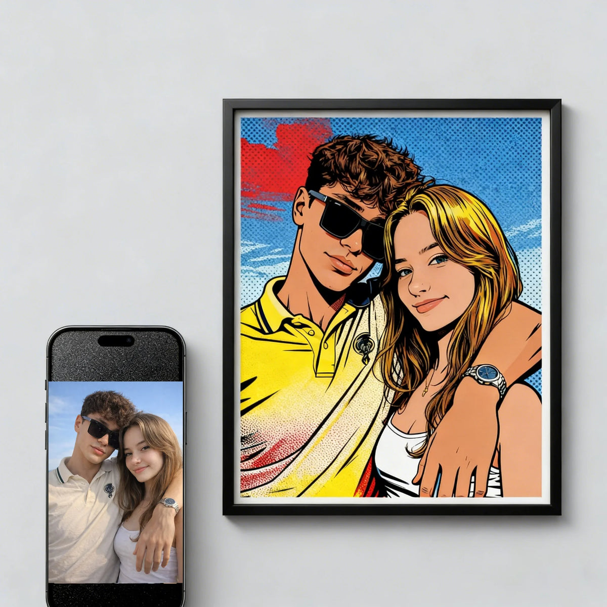 affiche murale personnalisée pop art couple famille animaux compagnie décoration intérieure cadeau original jaune