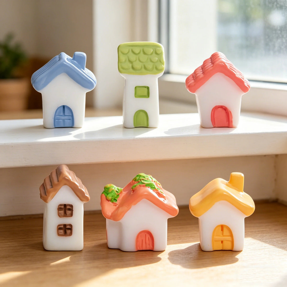 figurines maison miniatures couleurs variées détails relief champêtre ornement décoration intérieureextérieur toits portes fenêtres